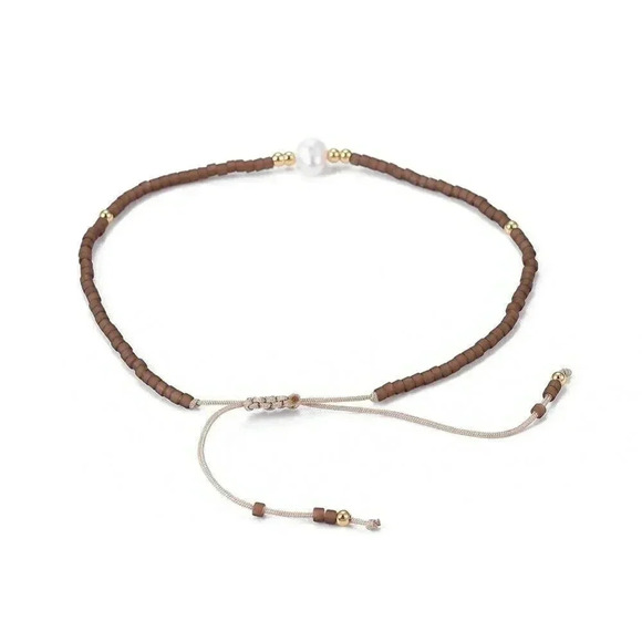 Hand Crafted Real Freshwater Pearl Mocha Brown Japanese Glass Beads Bracelet - Picture 3 of 3